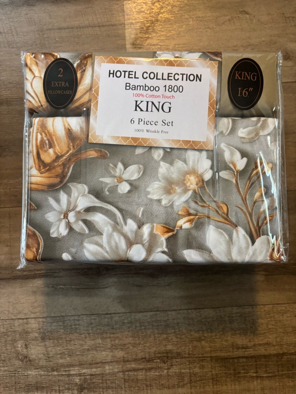 Hotel Collection King Bamboo 1800 6-Piece Sheet Set - Gray and Gold Floral